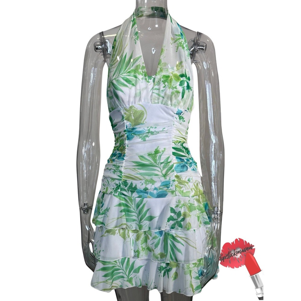 Vintage 90s Y2K XOXO Halter Dress Medium White Floral Slip Ruffle Hoco Whimsy